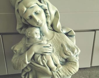 Vintage Chalkware 3D Madonna Holy Mother and Child Wall Art, Wall Plaque, Mary & Jesus