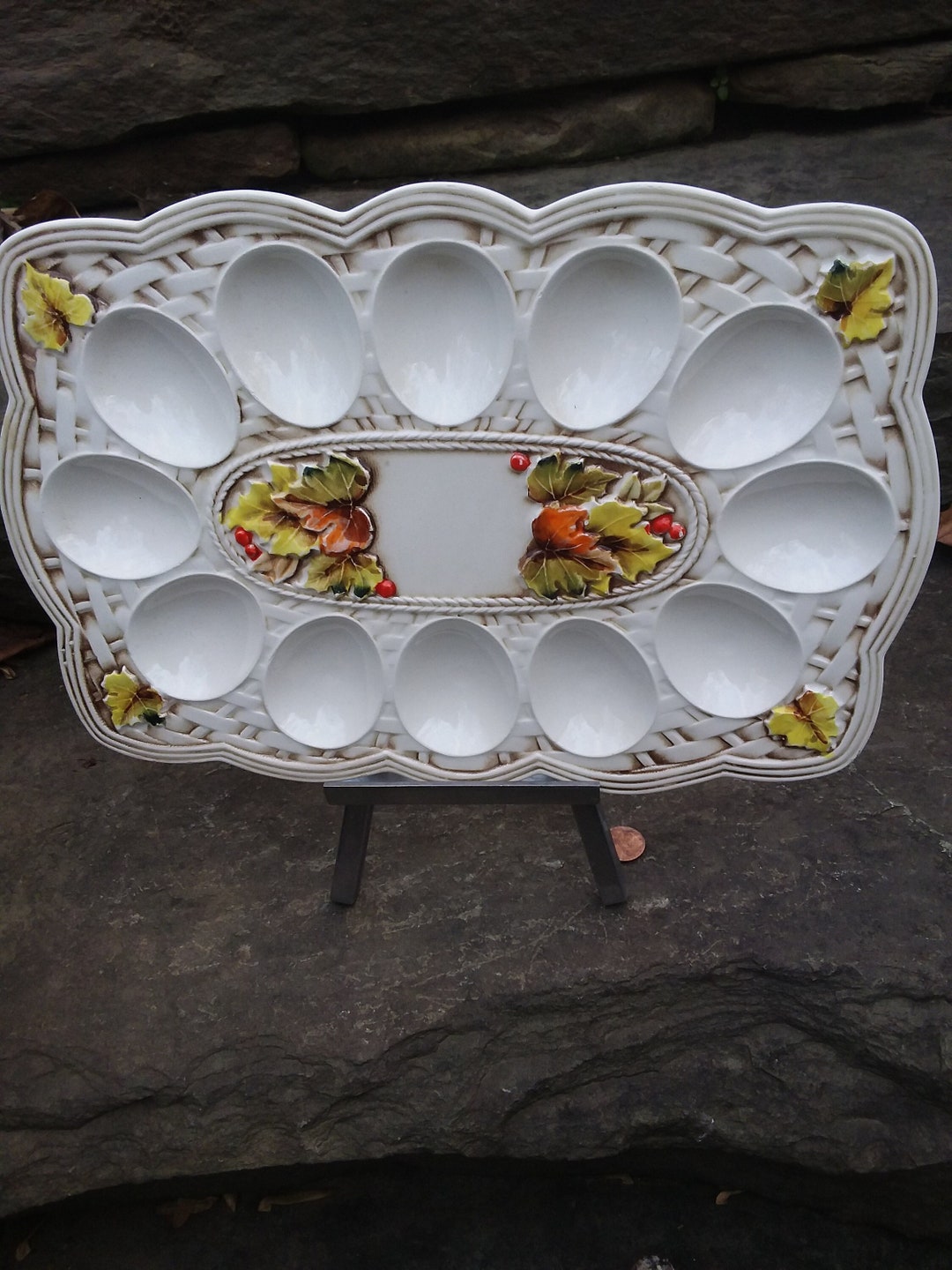 Vintage Lefton Deviled Egg Serving Tray With Fall Leaf Theme, Ceramic