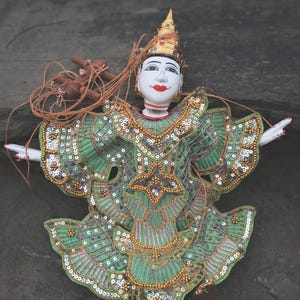 Vintage Thai Dancer String Marionette Traditional Dress, Wood, Fabric, Beads and Sequins, Hand Crafted