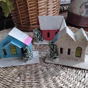 Vintage Putz Houses and Church, Set of 3 Christmas Houses, Blume, Japan