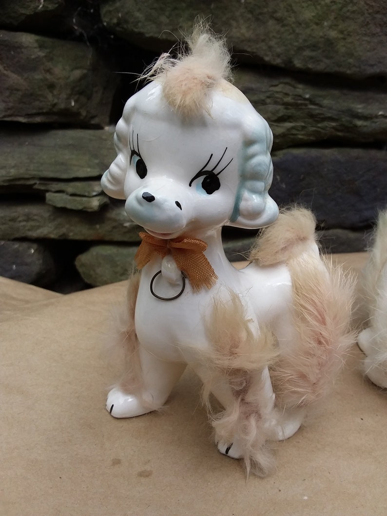 Vintage Porcelain Poodle Dog Family Figurines With Rabbit Fur Etsy