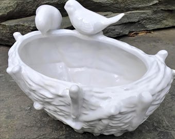 Vintage Glazed White Pottery Bird's Nest Planter or Bowl Planter with Relief