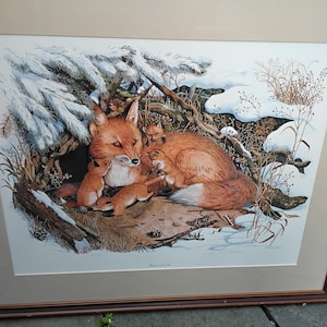 Vintage Lewis T. Johnson, Red Fox Family Print &quot;Watcher At the Den&quot;, Framed, Signed Limited Edition 1990s