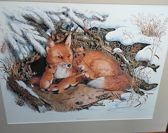 Vintage Lewis T. Johnson Fox Family Print, Framed Limited Edition