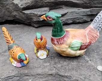 Vintage Porcelain Pheasant Shakers and Sauce or Slurry Dish by Vietri, Made in Italy