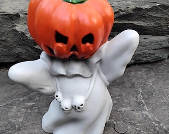 Vintage Flambro Bisque Pumpkin Headed Ghost Tea Candle Holder