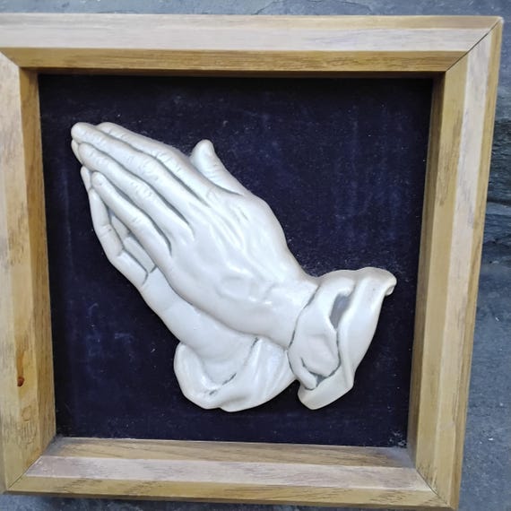 Vintage Chalkware Praying Hands - MCM Velvet Display, Miller Studio 1986
