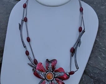 Vintage Chico's Silver Tone Enamel and Rhinestones Red Flower
