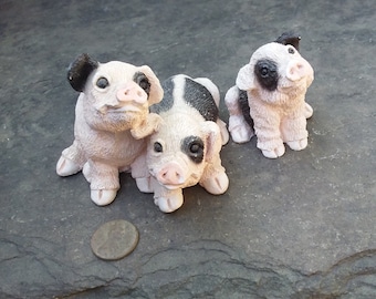 Vintage Black & White Pig Figurines, Stone Critters, 1993