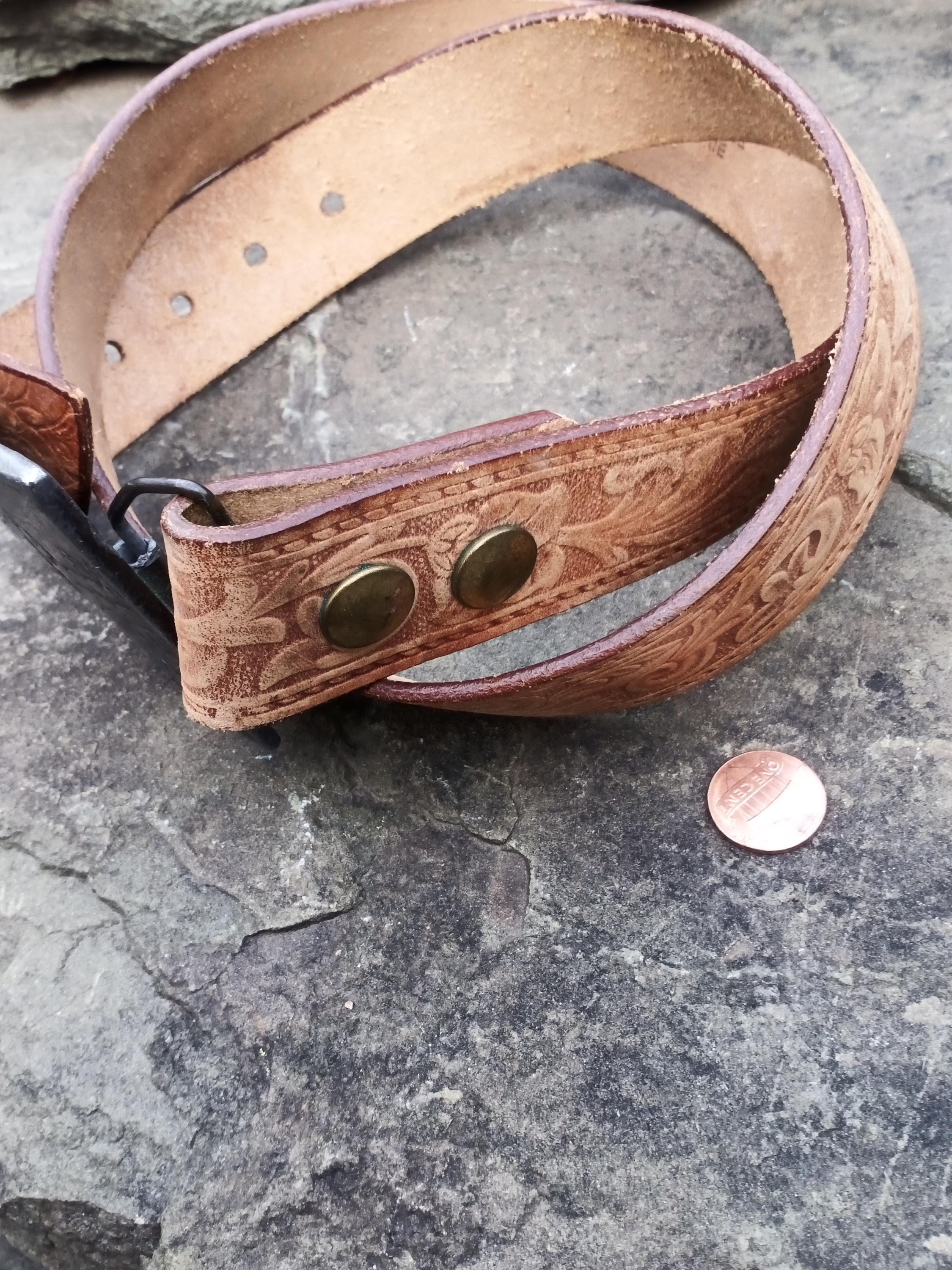 Vintage Tooled Leather Belt Buckle Vintage Brown Tooled Leather Belt Motercycle Buckle 44  main image 2