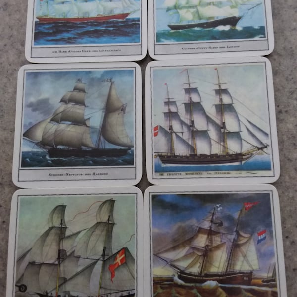 Vintage Schuberth Tall Ships Cork and Melamin Coasters, Set of 6, W. Germany, 1970s, Curry Sark, Neptunus, Golden Gate