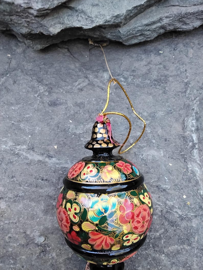 Vintage Russian Hand Painted Wood Black Laquered Floral Christmas