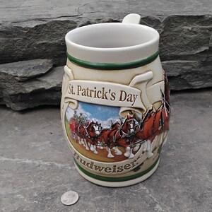 Vintage Budweiser St. Patrick&#39;s Day Stein with Horseshoe Handle and Shamrocks, 1996