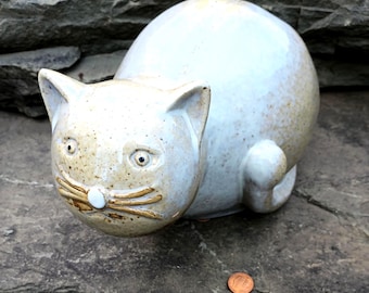 Vintage Large Glazed Pottery Resting Cat Figurine, Fat Cat Figurine