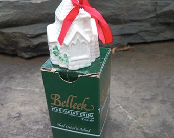 Vintage Belleek Church with Shamrocks Ornament, Church Bell Ornament 4th Edition, 1991