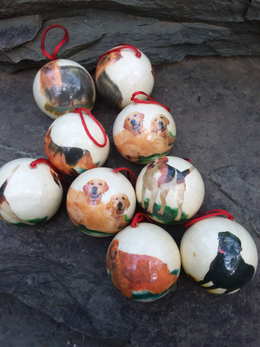 Vintage Christmas Paper Mache Dog Ornaments, Black Lab, Yorkie, Beagle