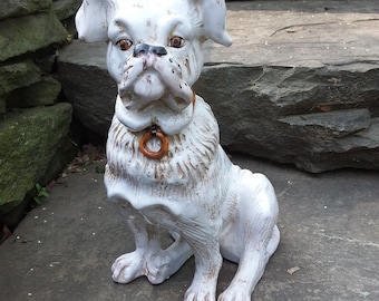 Vintage Terra Cotta White Boxer Dog Figurine, Hand Made Peasant Village,  Italy, 1970s