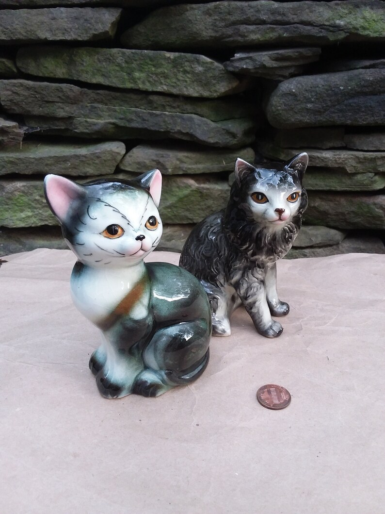 Vintage Grey Tabby Cat And Grey Black Persian Cat Whimsical Etsy