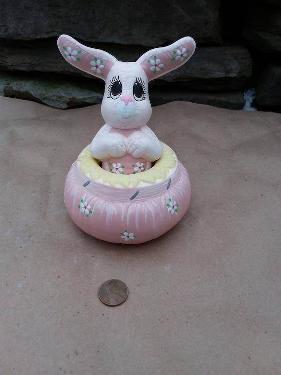 Vintage Pink Bunny Rabbit in Basket Figurine Ceramic Hand | Etsy