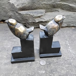 Vintage Art Deco Brass Birds on Bronzed Stand Bookends