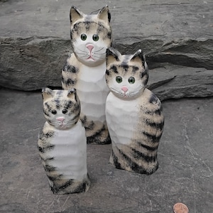 Vintage Set of 3 Hand Carved Wood Brown and Black Tabby Cat Figurines with Green Eyes, Signed James Madden