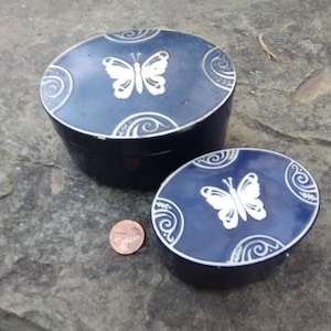 Vintage Lucretia Vanderbilt Metal Cobalt Blue with Silver Butterfly Face Powder Boxes, Set of 2 Oval