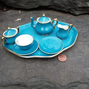 Vintage Porcelain Crown Staffordshire Miniature Tea Set, England, Handpainted Victorian Scene