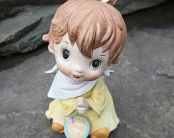 Vintage Bisque Big Eyed Little Girl Angel Saying Grace Figurine