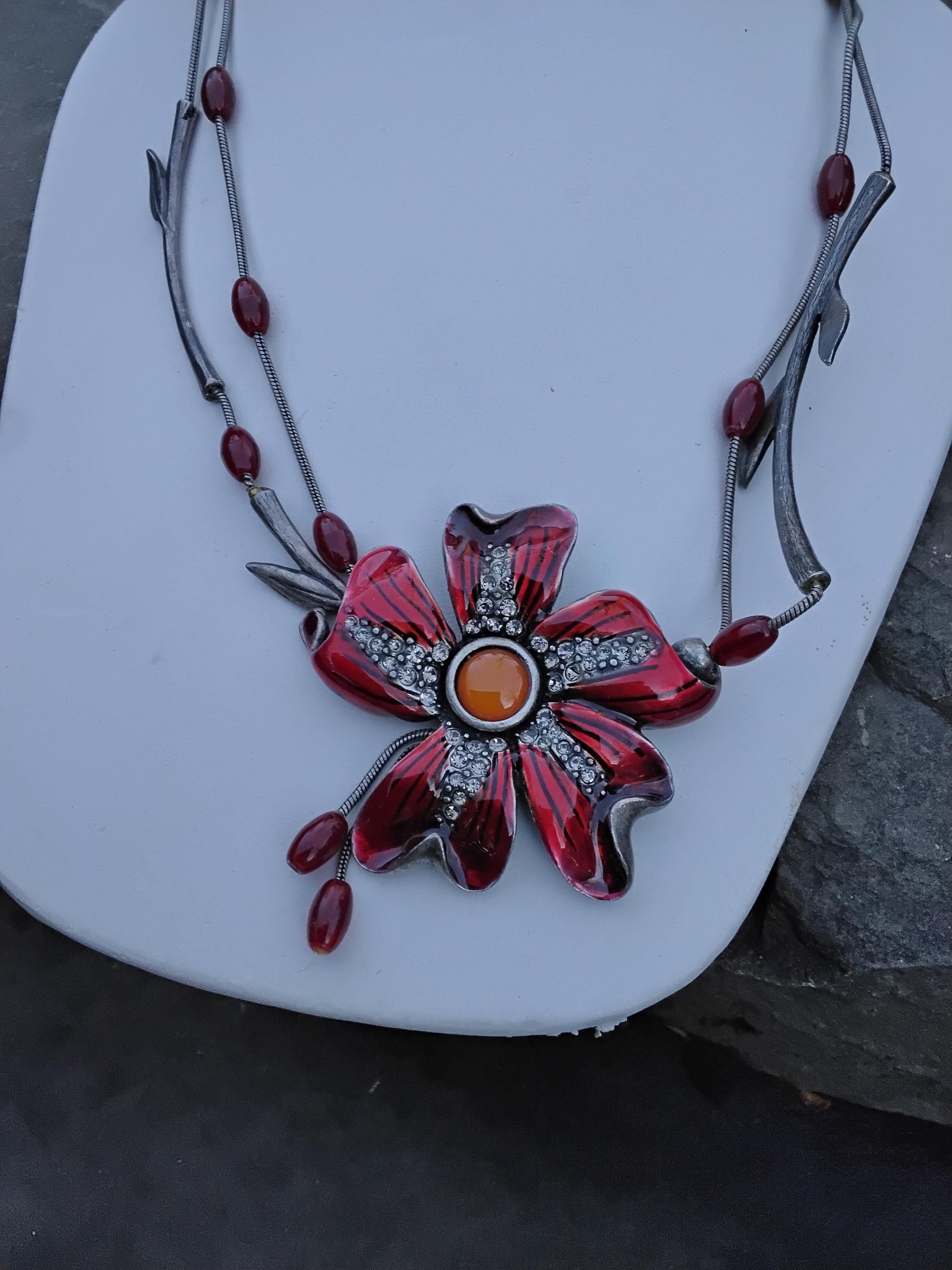 Vintage Chico's Silver Tone Enamel and Rhinestones Red Flower