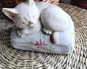 Vintage Mann Kitten Sleeping on Pillow Bisque Working Music Box 1982, Japan