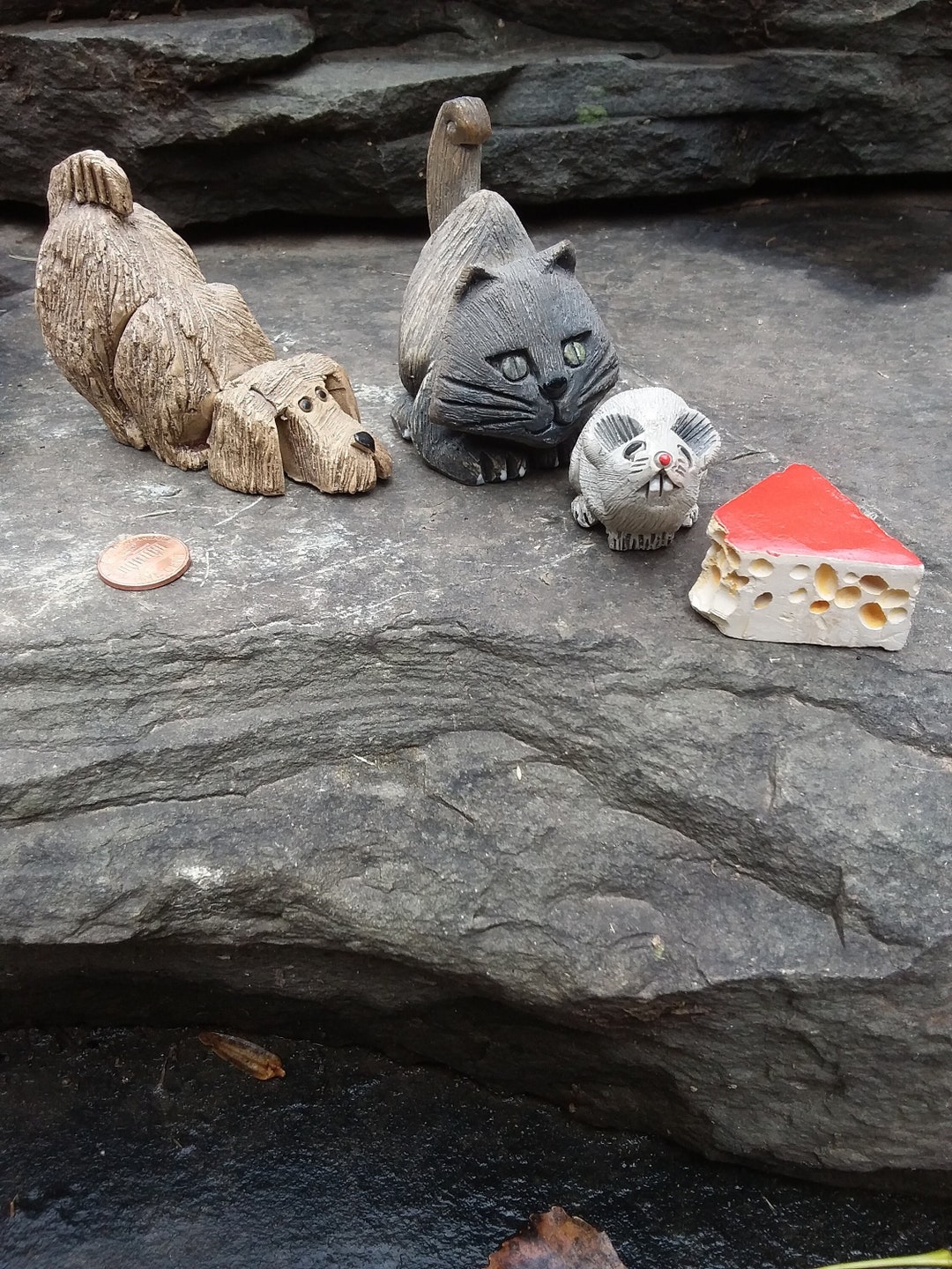 Vintage Riconada Figurine Set: Terrier Dog, Gray Cat, Mouse & Cheese - Etsy
