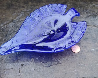 Vintage Cobalt Blue Leaf Shaped Trinket or Dresser Dish