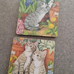 Vintage Wilscombe Set of 2 Tabby Cat Trivets, Somerset, England, Jenny Barrob, 1991