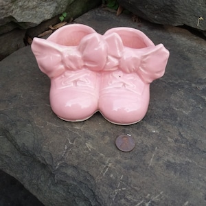 Vintage Pink Ceramic Baby Booties Planter, Shower Decor, Baby Girl Reveal, 1950s