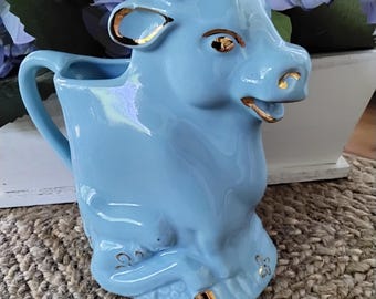 Vintage Pearl Chia Co Blue Bull Creamer with Gold Trim, Made in USA