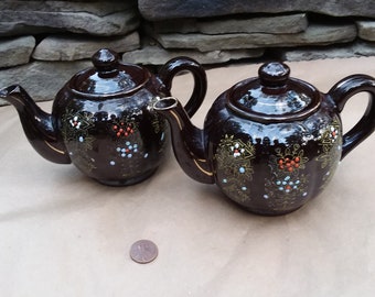 Vintage Redware Floral Teapot with Gold Trim, Set of 2, 1 Cup Ceramic Teapots