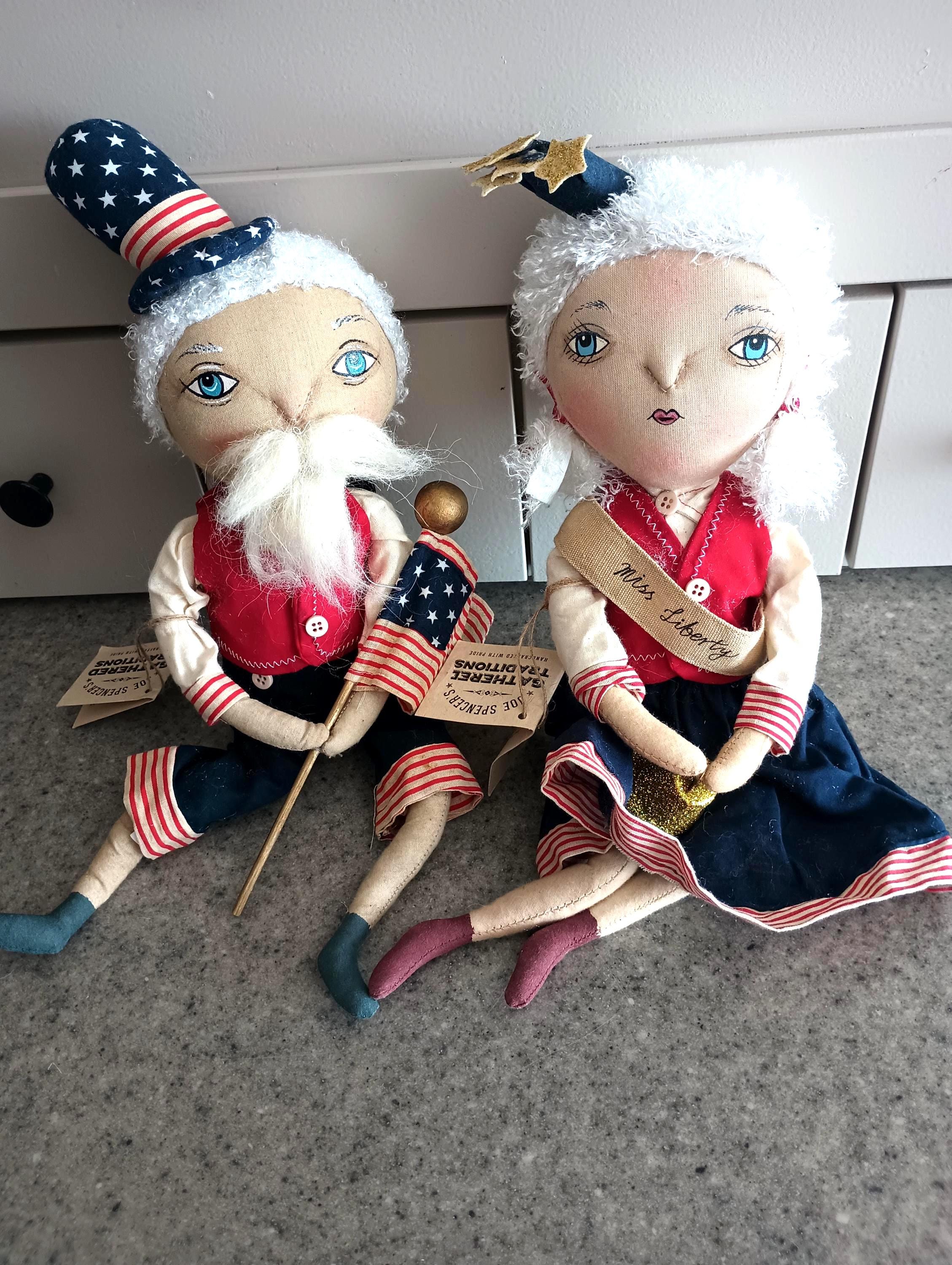 Vintage Joe Spencer Folk Art Dolls Samuel and Miss Liberty Shelf