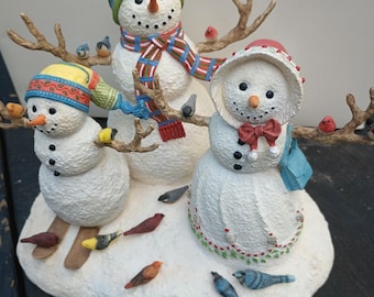 Vintage Lenox Birds of A Feather Snowman Family with Birds IOB, 2000