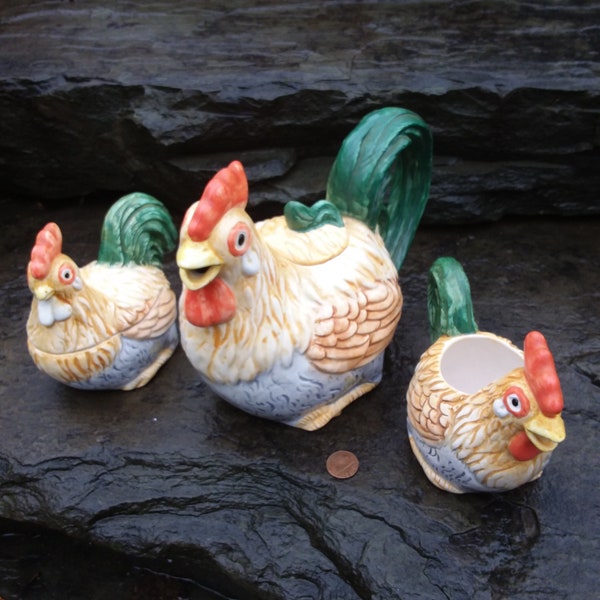 Vintage Colorful Rooster Teapot, Creamer and Sugar Bowl, 2-4 Cup Ceramic Teapot, Taiwan, Farmhouse Tea Set