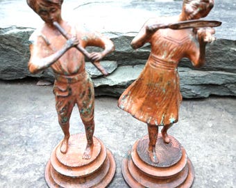 Vintage Brass with Faux Copper Patina Boy and Girl Musician Figurines, Violin & Flute, India