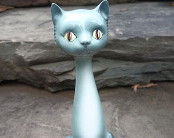 Vintage MCM Long Necked Kitty Cat Figurine with a Blue Gray Glaze