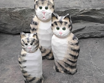 Vintage Hand Carved Wood Tabby Cat Figurines - Signed James Madden Set