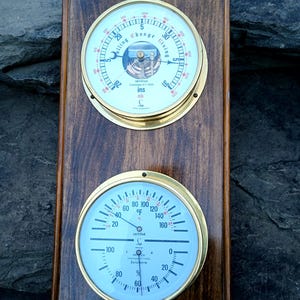 Vintage Watrous Weather Station Barometer, Thermometer and Hygrometer Brass Cased on Wood, Vertical Hang