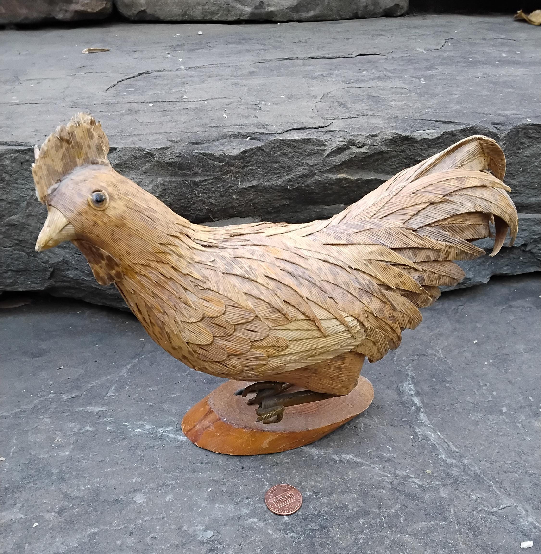 Vintage Corn Husk and Wood Chicken Figurine, Folk Art Rustic 