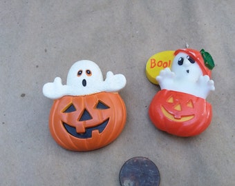 Vintage Halloween Brooches, Hard Plastic Ghost & Pumpkin Pins