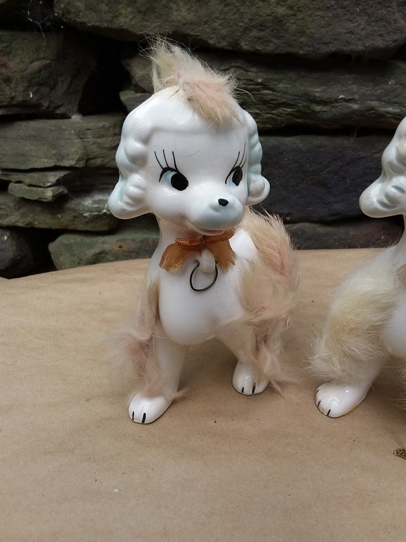 Vintage Porcelain Poodle Dog Family Figurines With Rabbit Fur