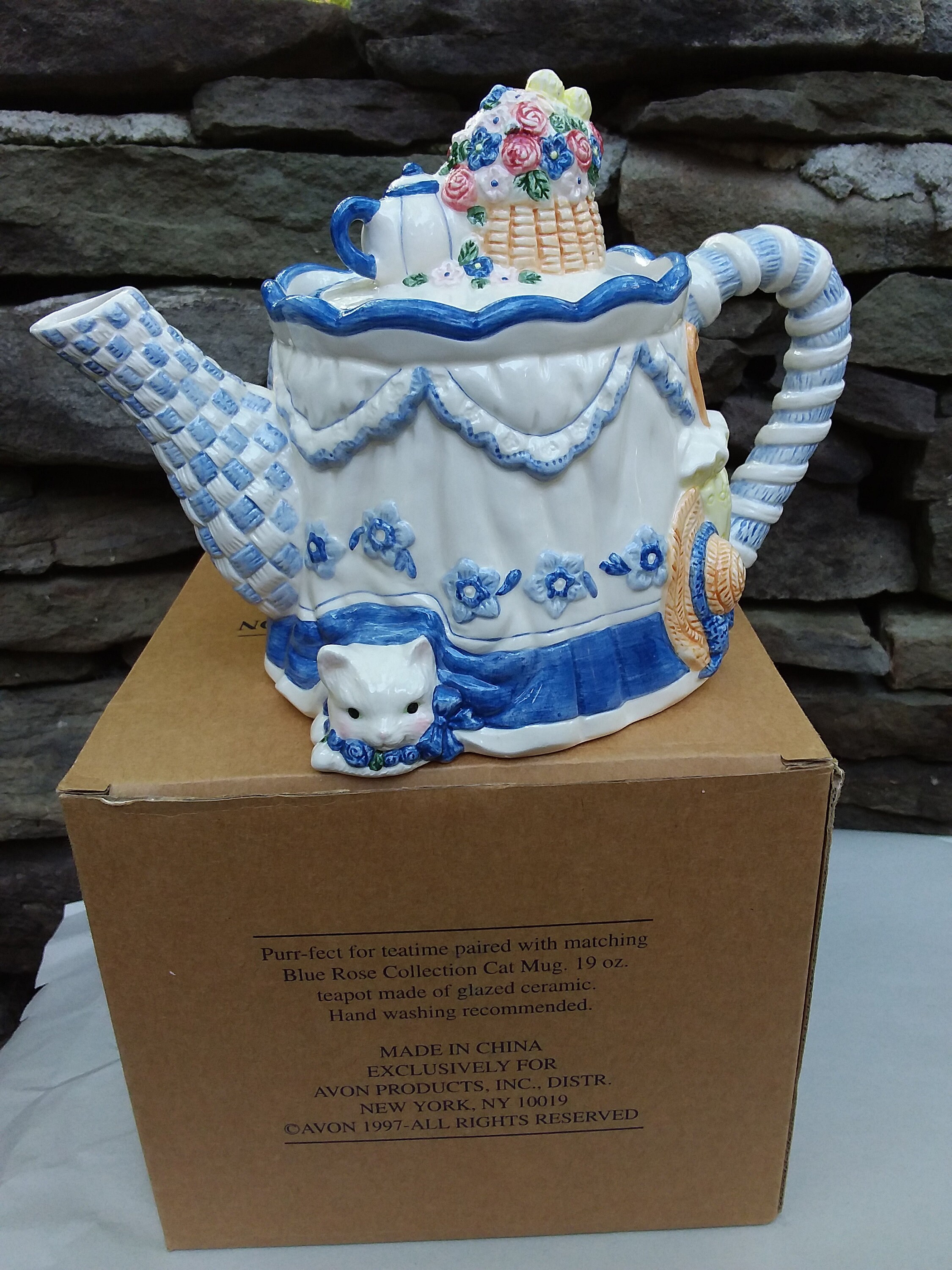 Vintage Cat Teapot Avon Blue Rose Collection Kitty Cat Teapot Etsy
