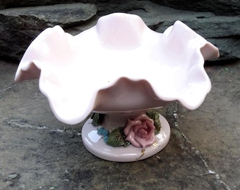 Vintage Riena Califa Bone China Pink Footed Bowl, Candy Dish, Porcelain, #254 Gold Trim