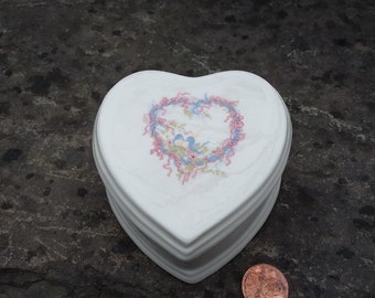Vintage Heart Shaped Bluebird Lovebirds  Lidded Trinket Box,  Taiwan
