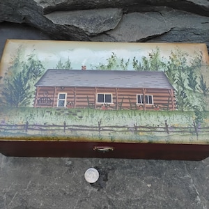 Vintage Hand Painted Log Cabin Scene Wood Box with Hinged Lid